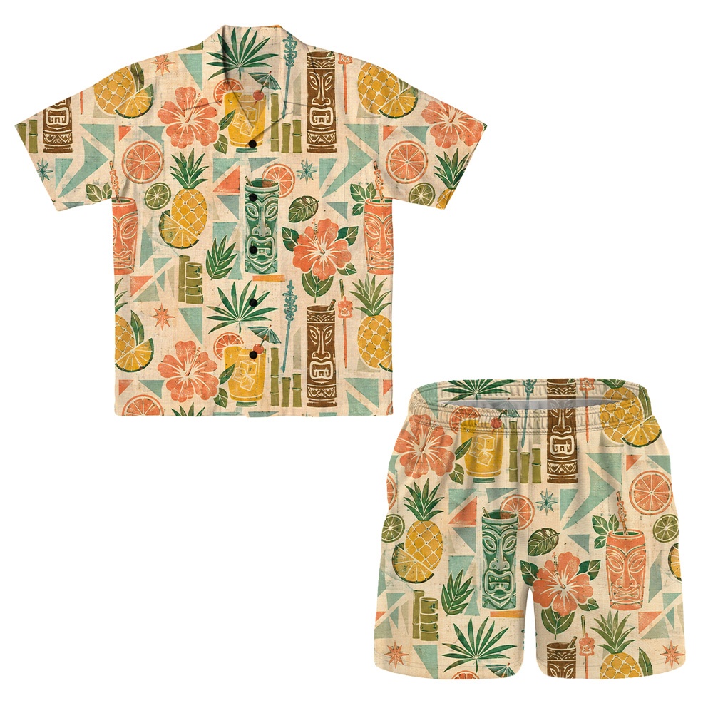 Hawaii Peach Tiki Citrus Tile Camp Shirt