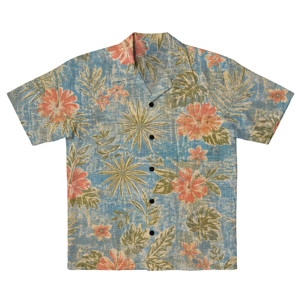 Hawaii Powder Blue Hibiscus Palm Camp Shirt
