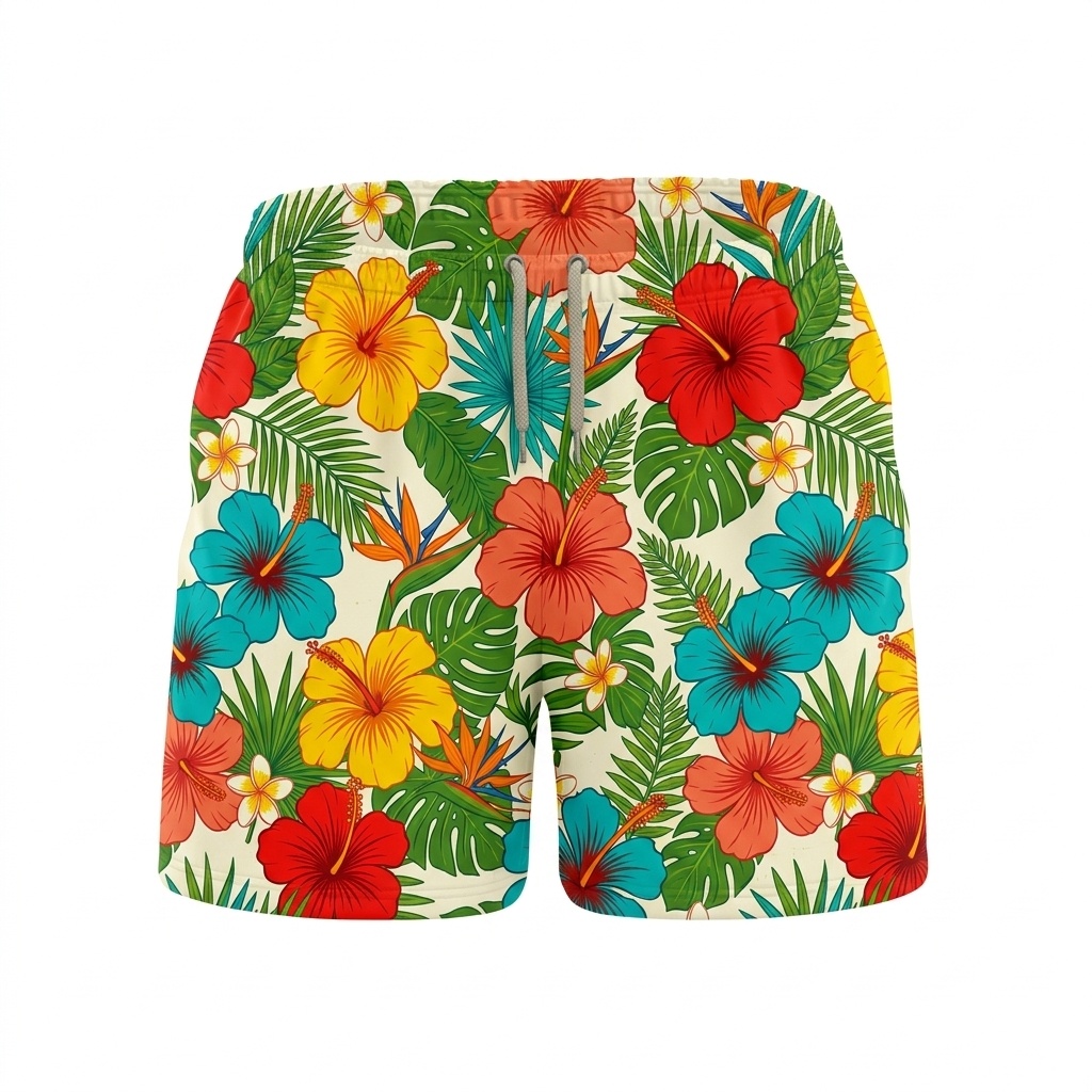 Hawaii Retro Hibiscus Burst Drawstring Shorts