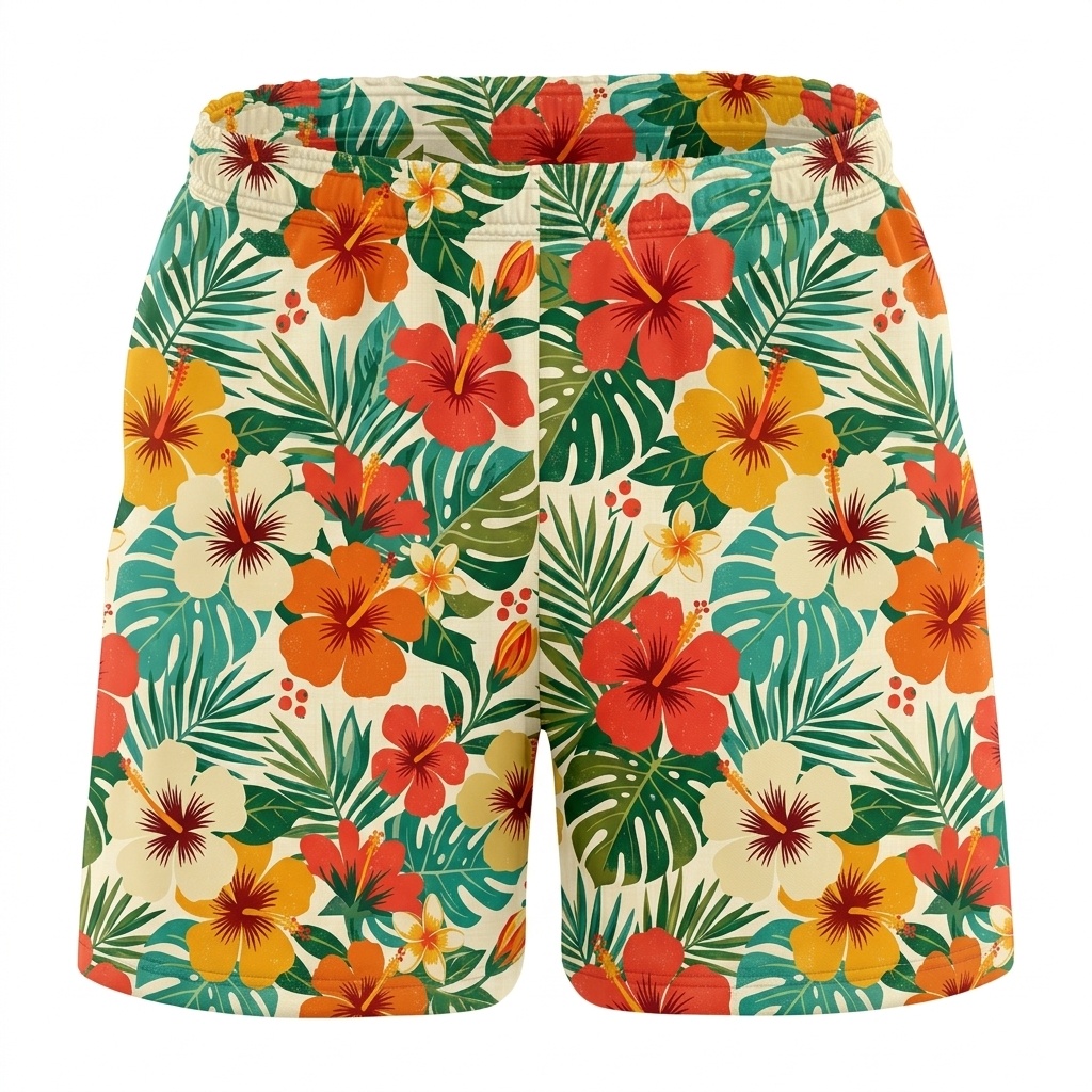 Hawaii Retro Hibiscus Floral Drawstring Shorts