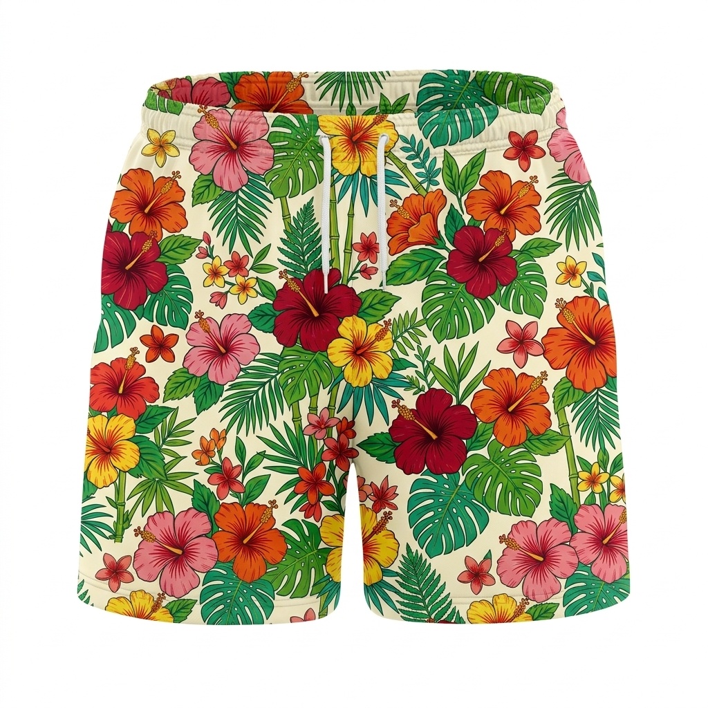 Hawaii Retro Hibiscus Garden Drawstring Shorts