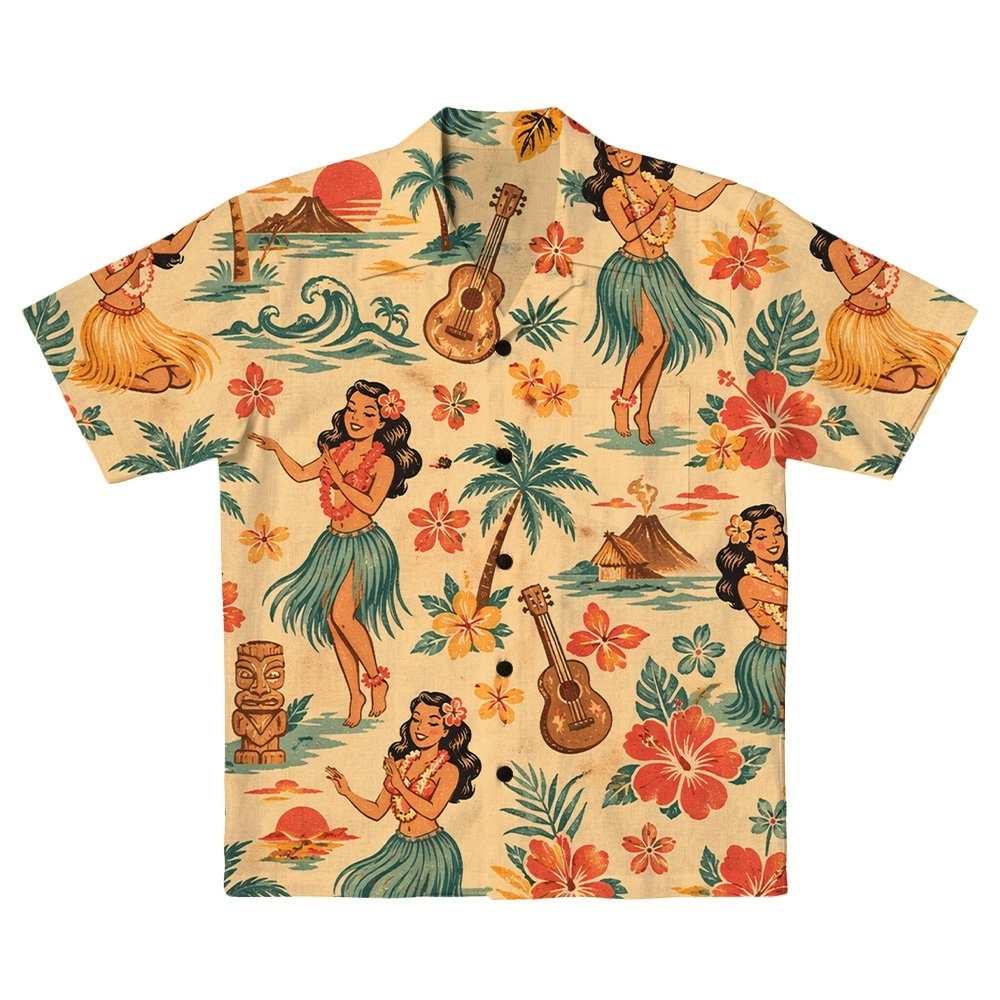 Hawaii Retro Island Hula Dancer Camp Shirt