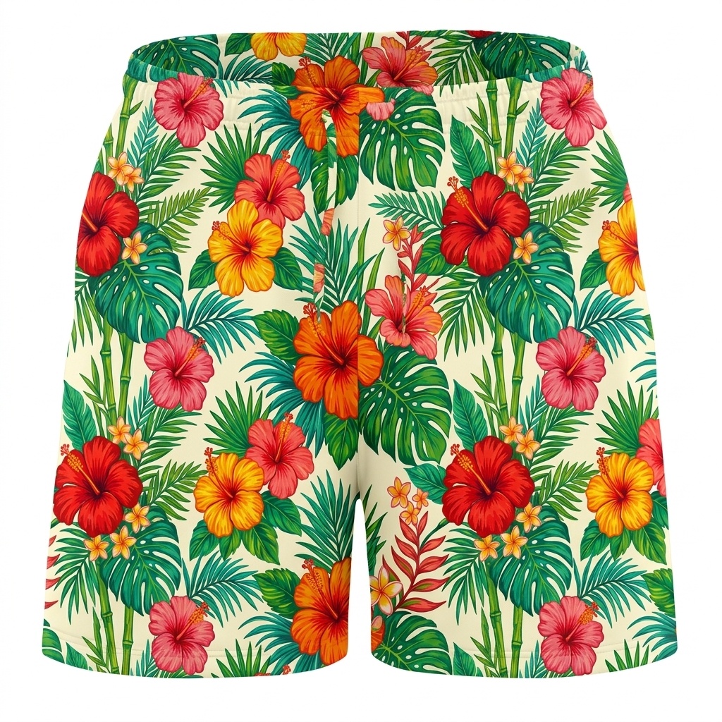 Hawaii Retro Tropical Hibiscus Drawstring Shorts