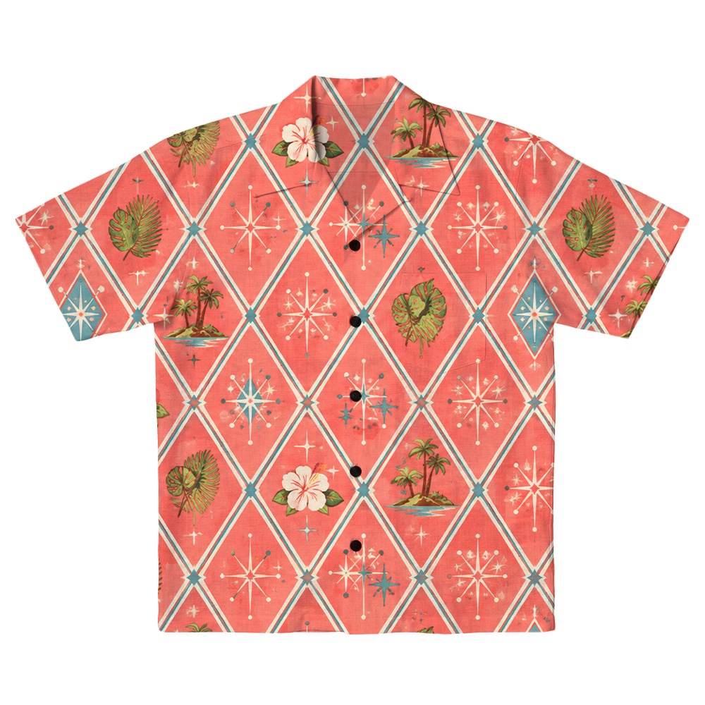 Hawaii Salmon Atomic Monstera Argyle Camp Shirt