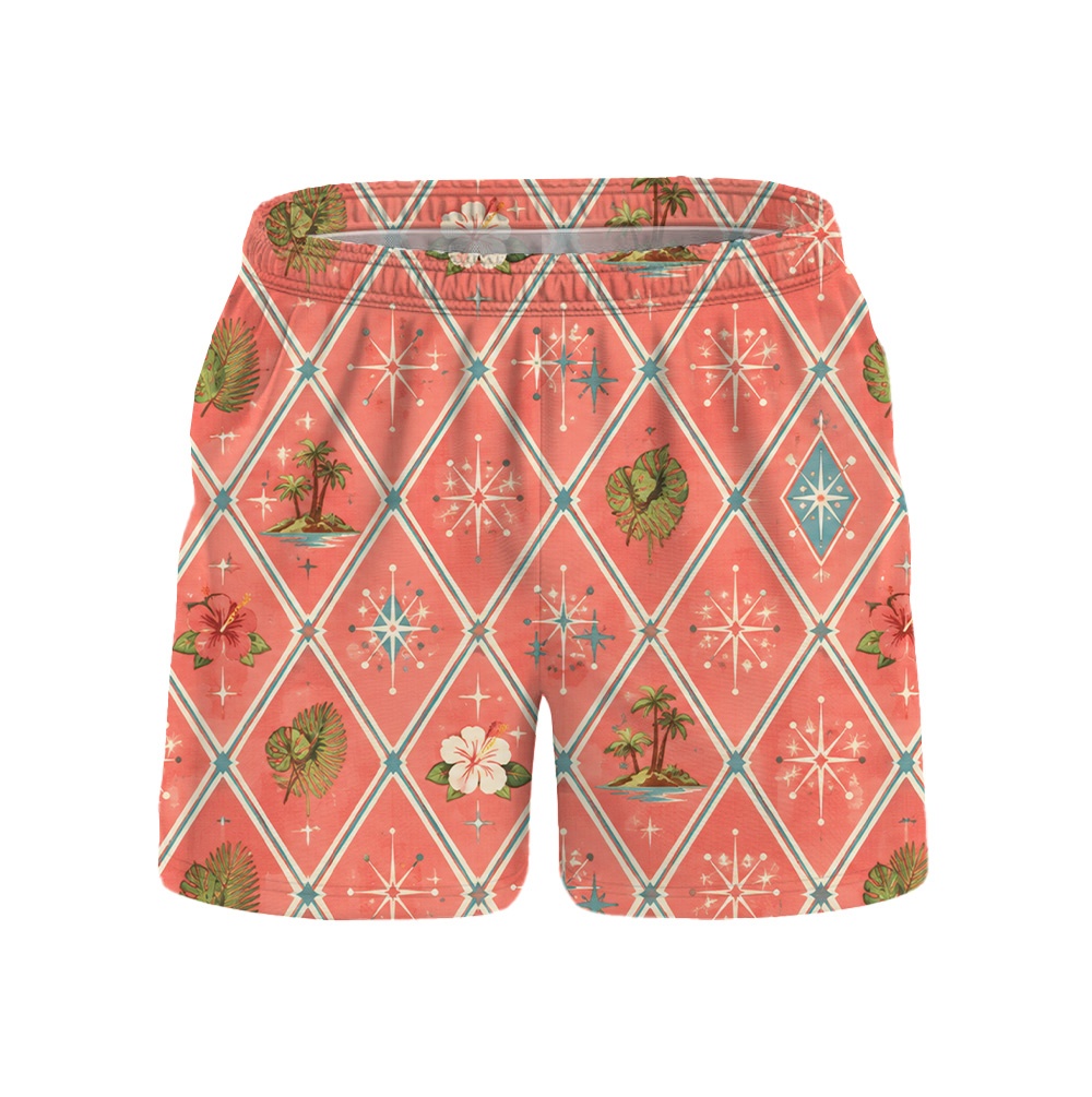 Hawaii Salmon Atomic Monstera Argyle Camp Shirt