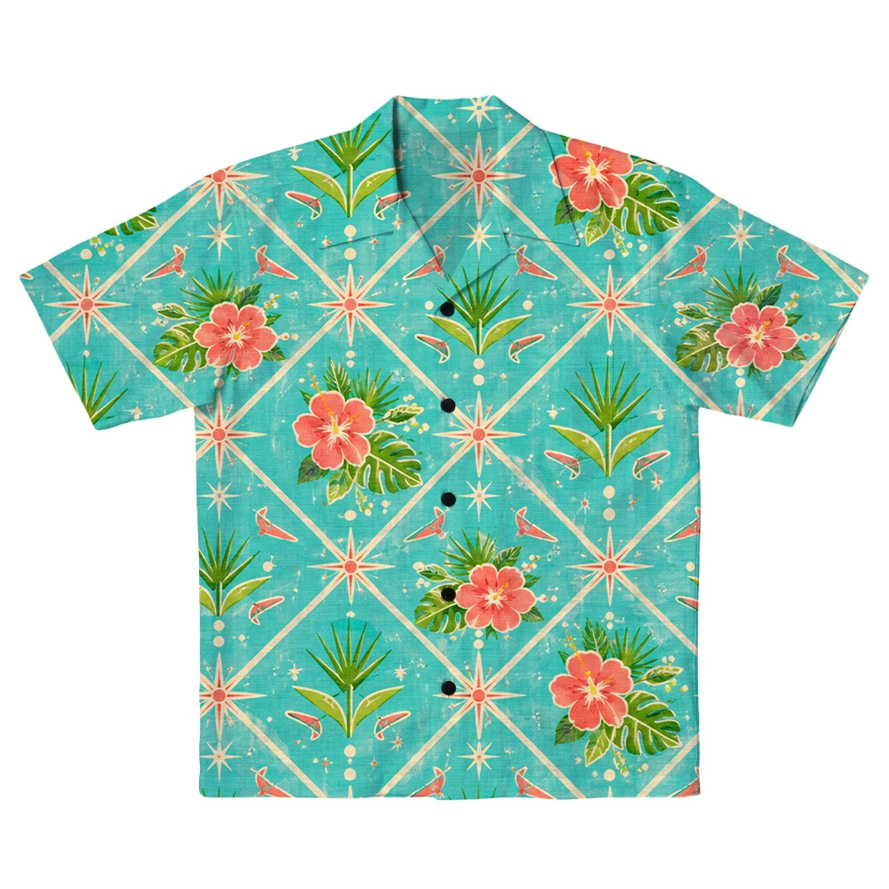 Hawaii Seafoam Atomic Island Grid Camp Shirt