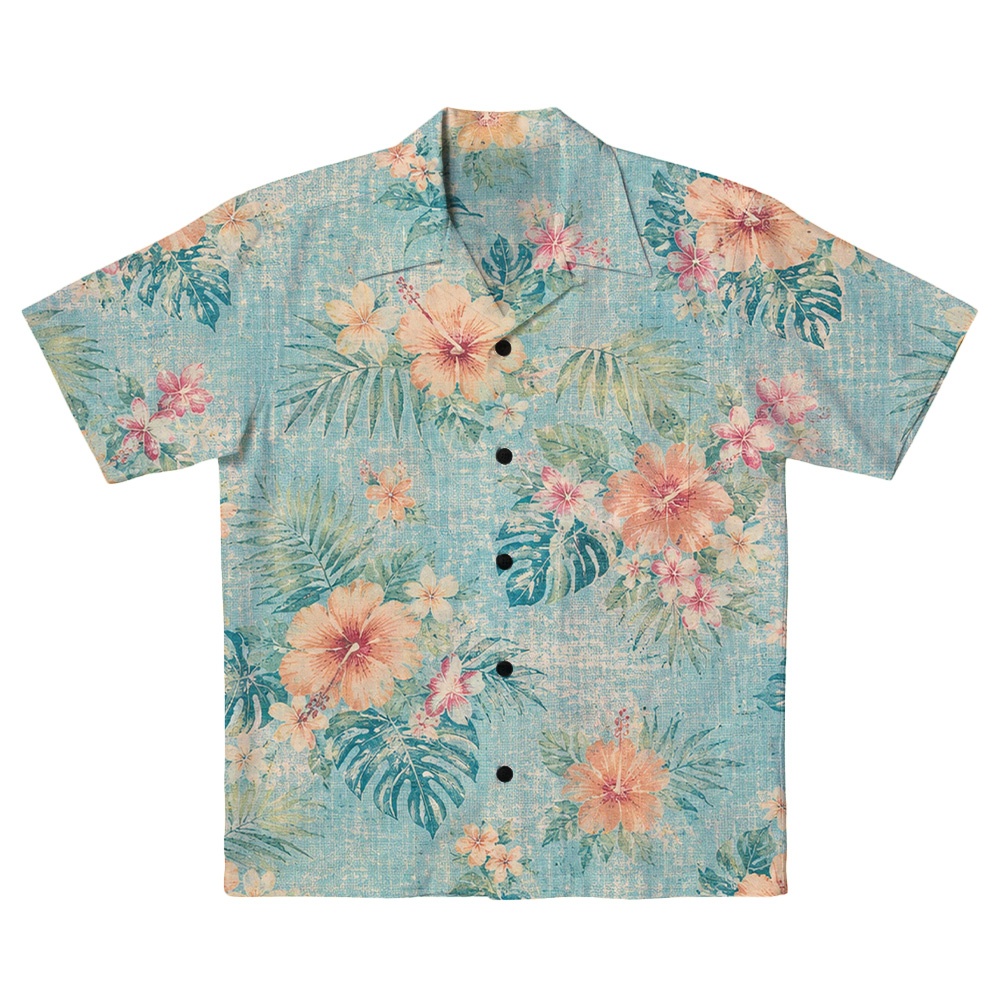 Hawaii Seafoam Rose Hibiscus Palm Camp Shirt