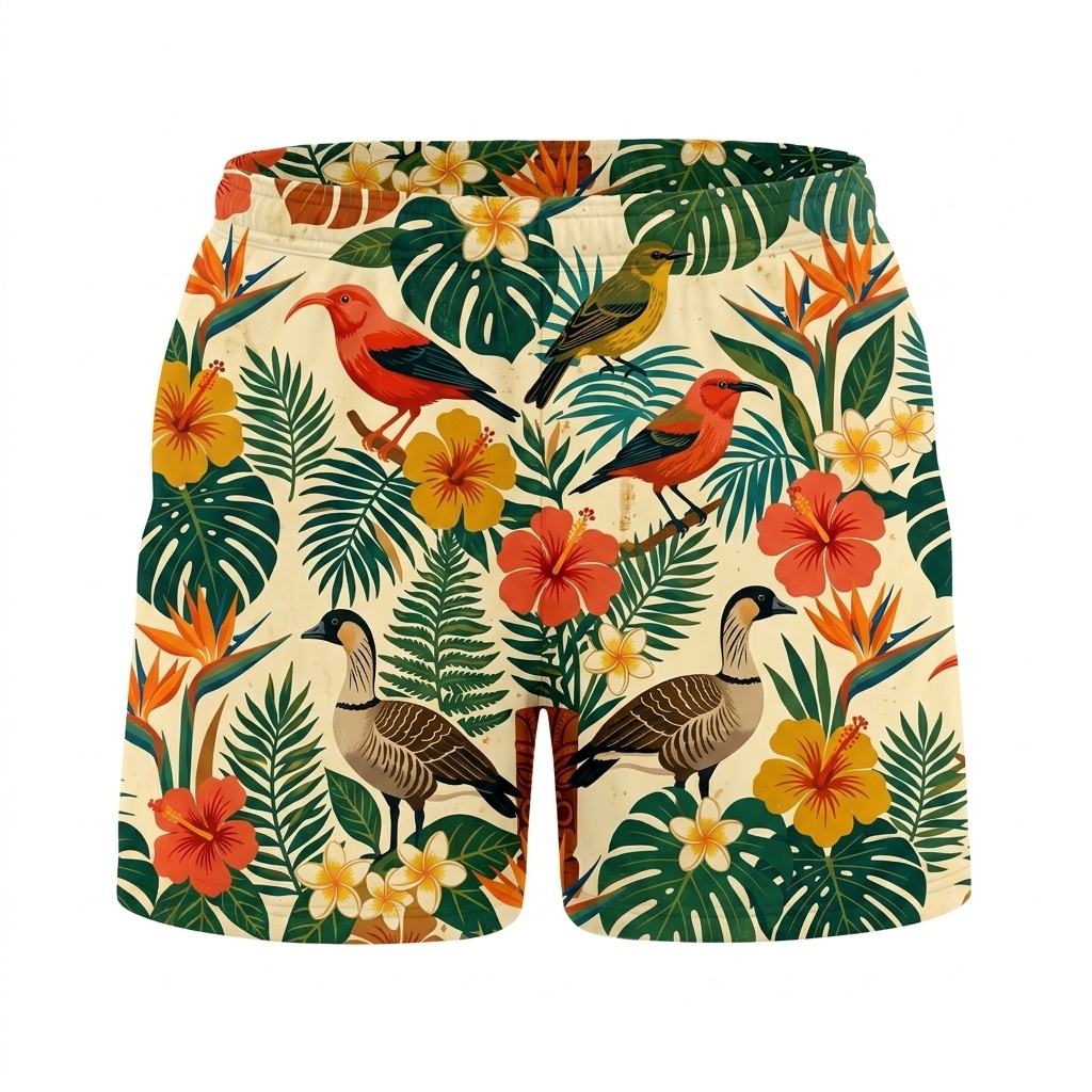 Hawaii Tiki Bird Floral Drawstring Shorts