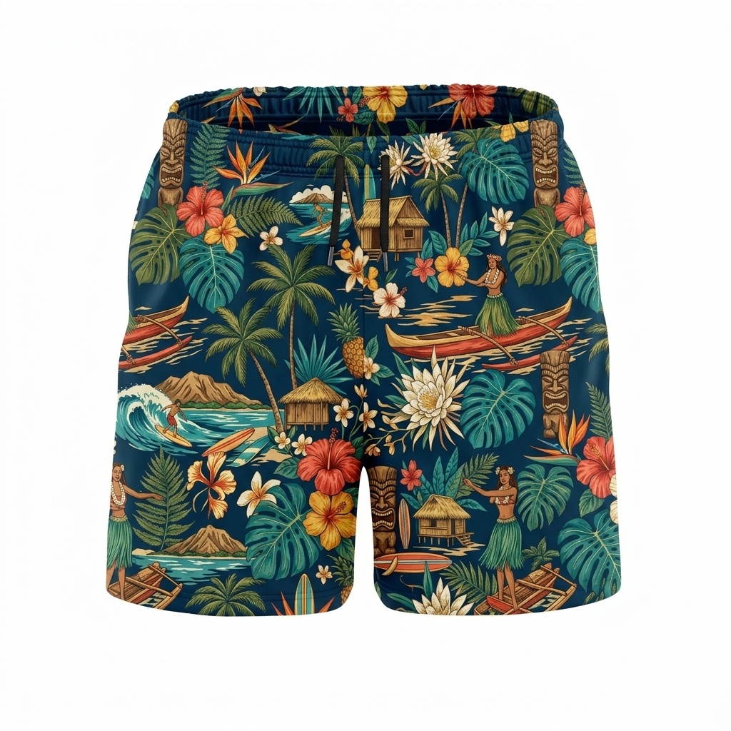 Hawaii Tiki Island Scenic Drawstring Shorts