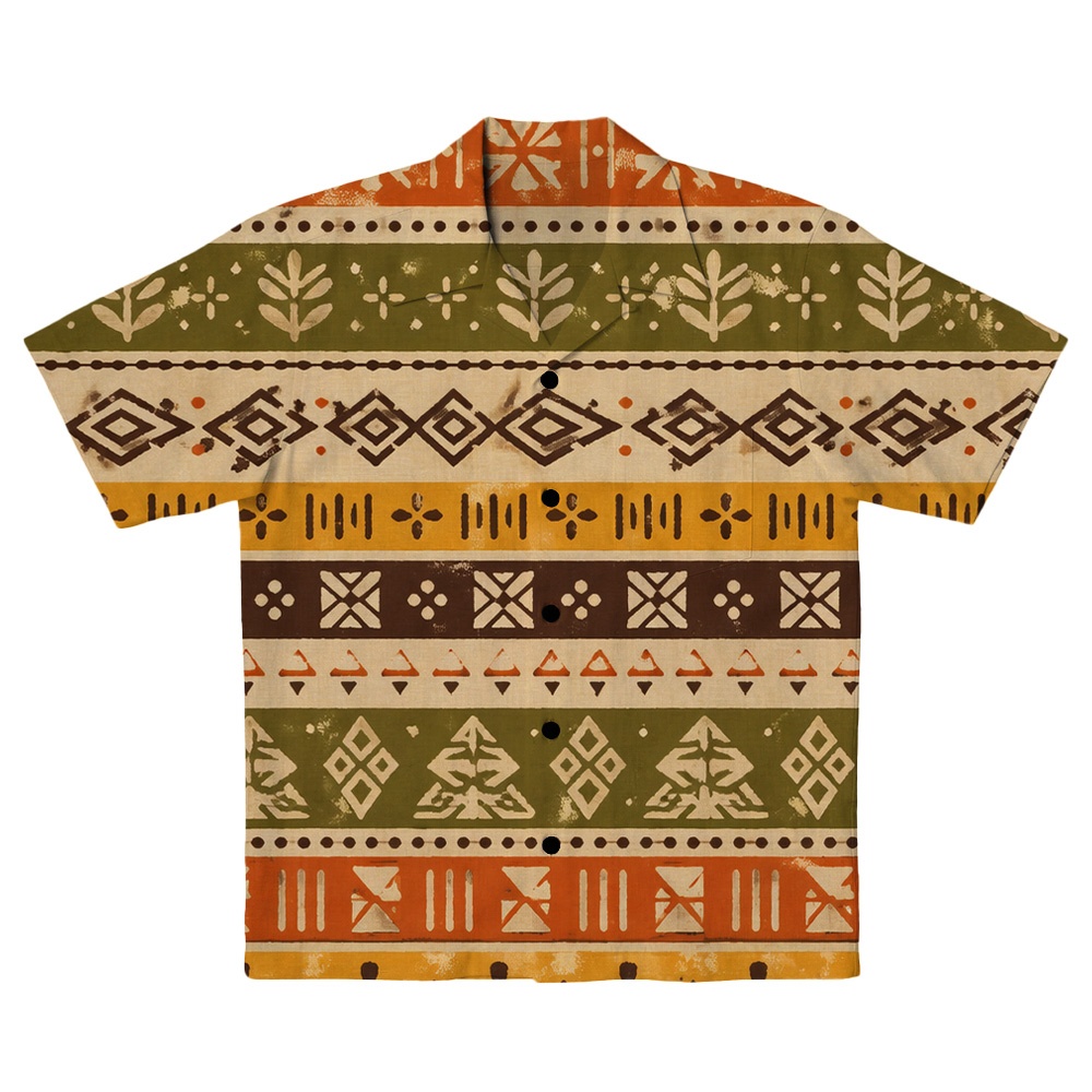 Hawaii Tiki Olive Stripework Camp Shirt