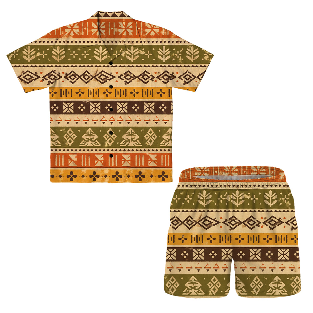 Hawaii Tiki Olive Stripework Camp Shirt Set