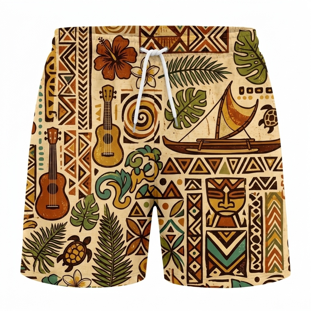 Hawaii Tiki Tribal Icon Drawstring Shorts