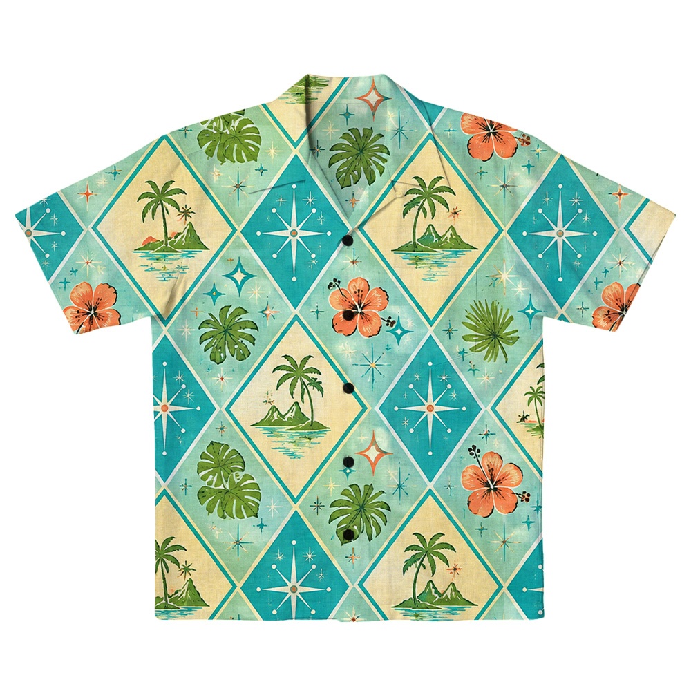 Hawaii Turquoise Atomic Coral Diamond Camp Shirt