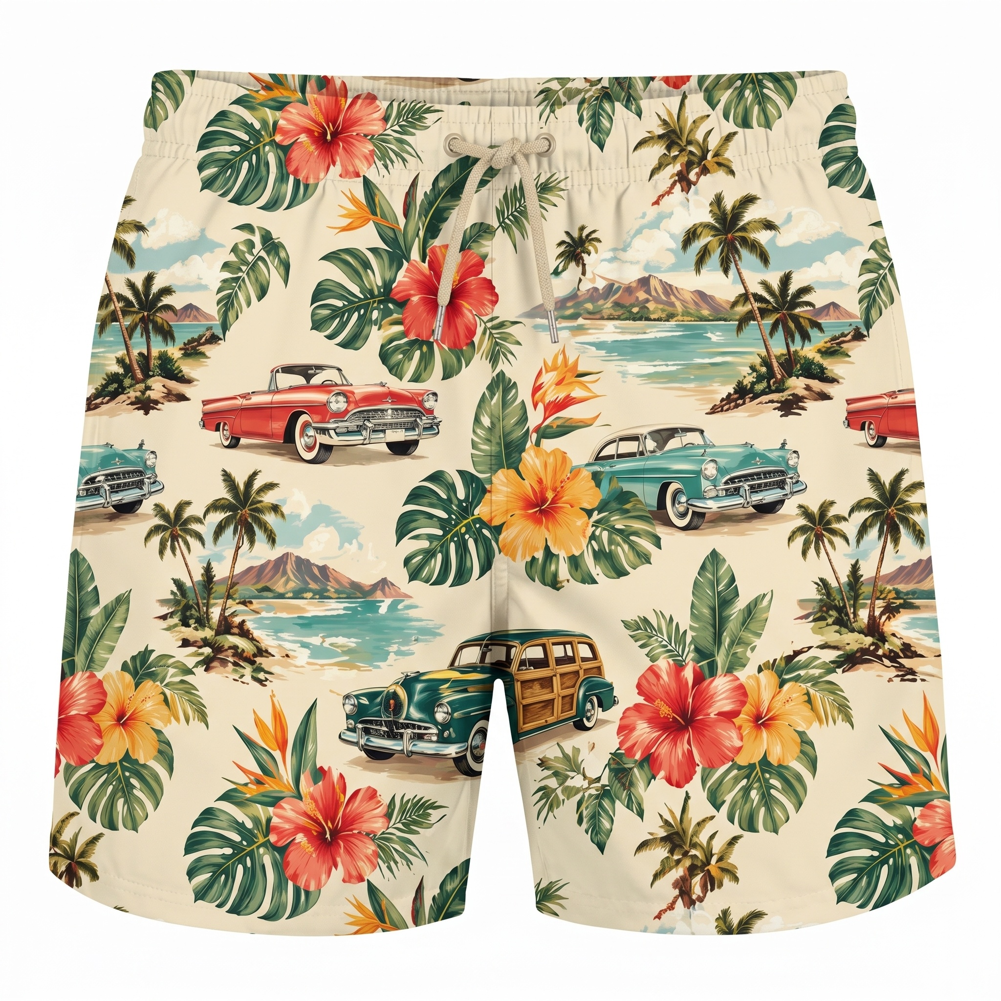 Hawaii Vintage Car Floral Drawstring Shorts