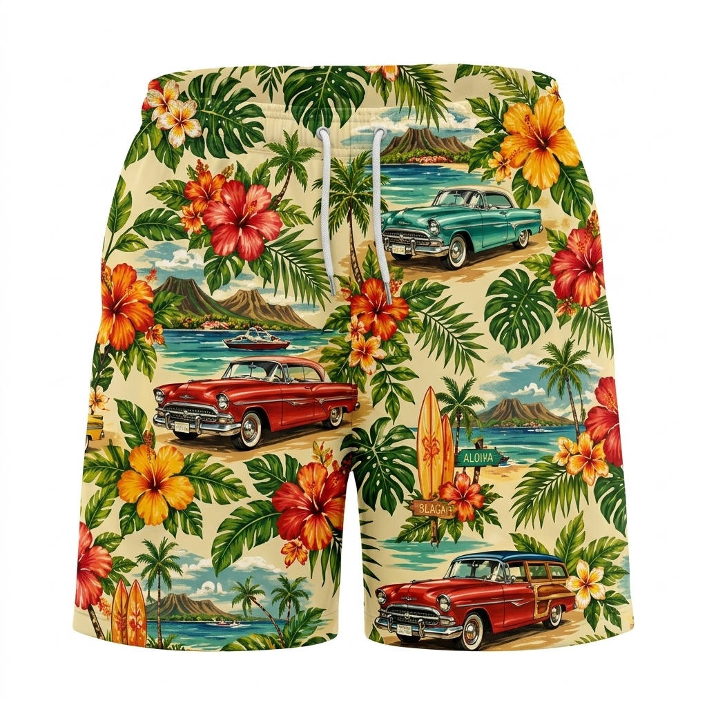 Hawaii Vintage Car Island Drawstring Shorts