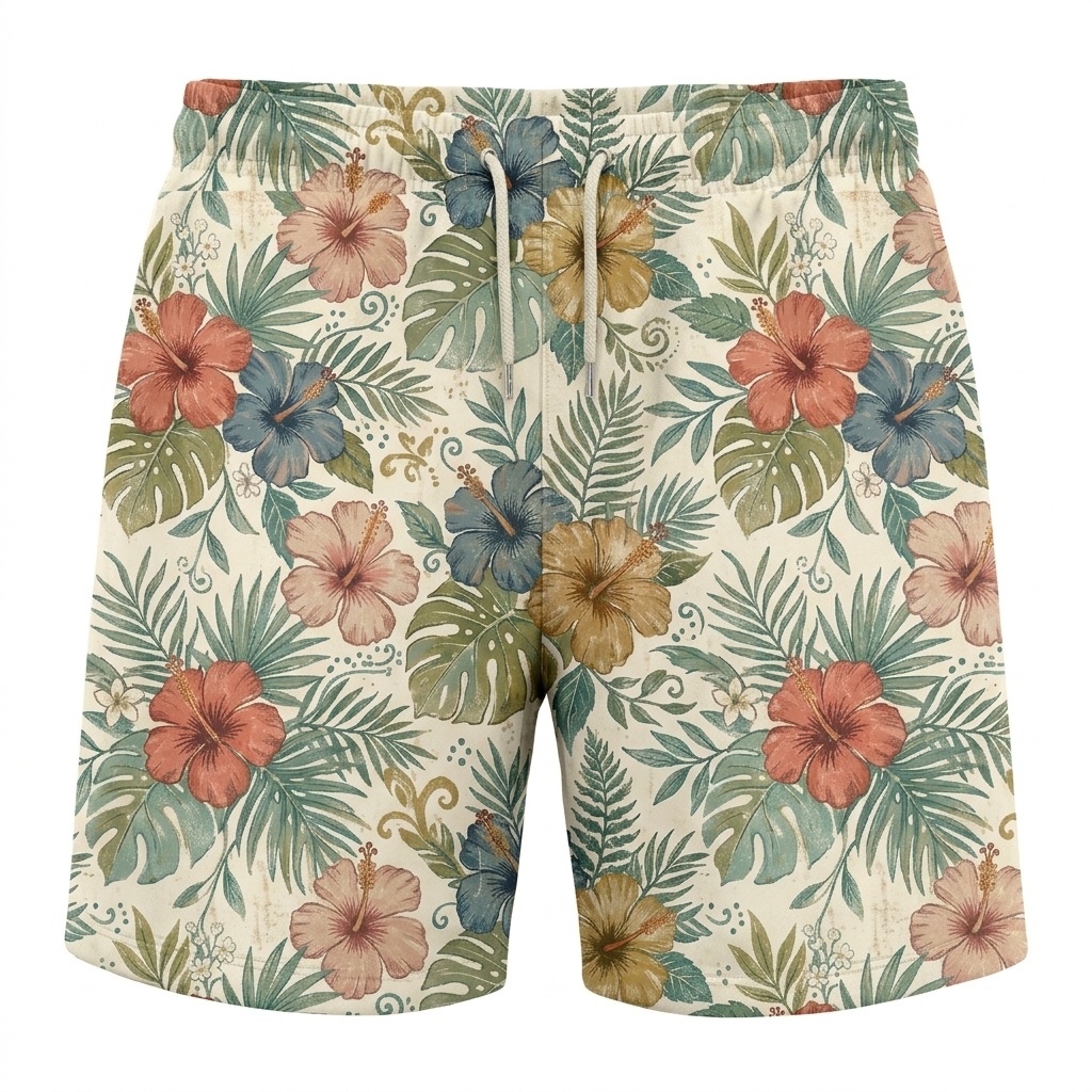 Hawaii Vintage Palm Floral Drawstring Shorts