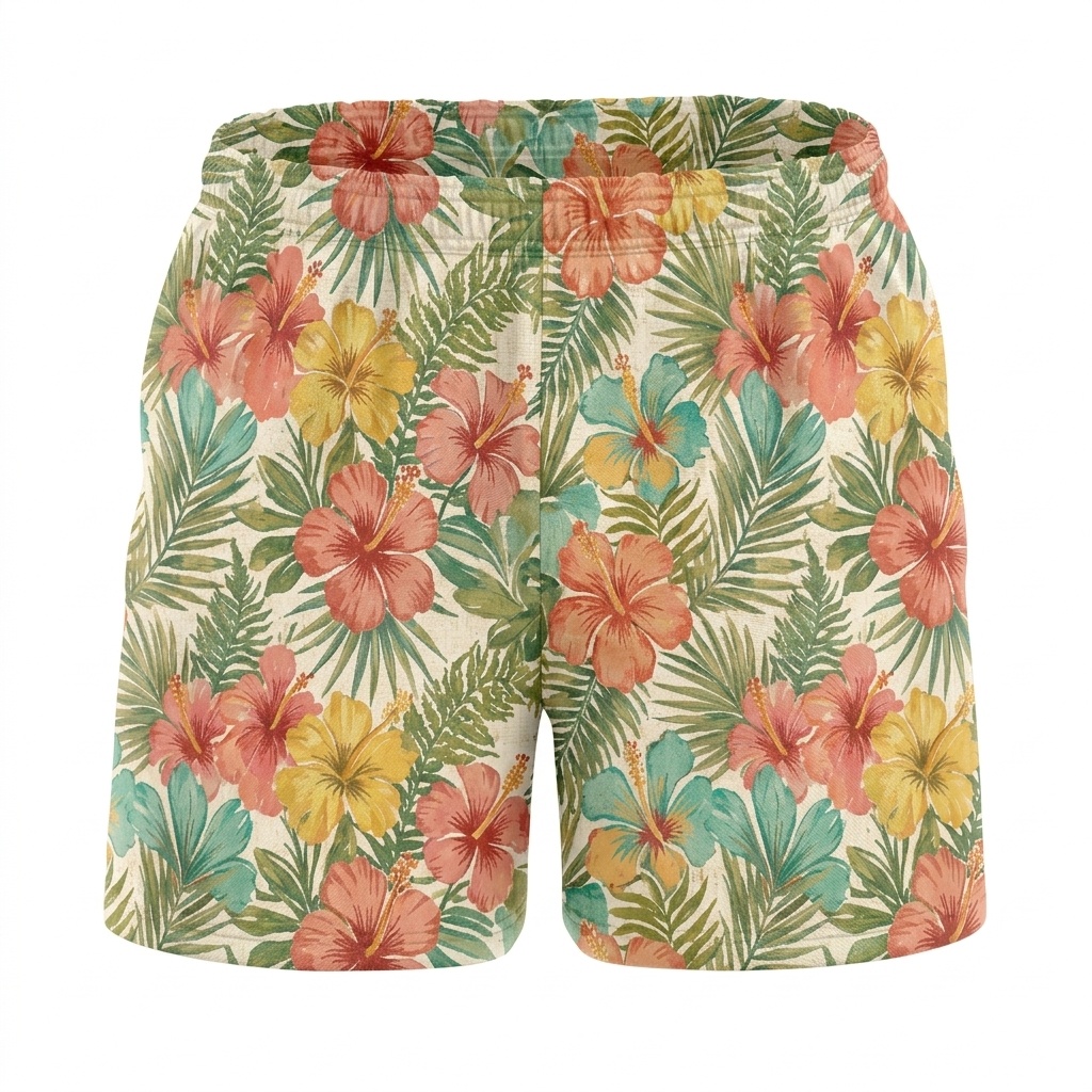Hawaii Vintage Pastel Hibiscus Drawstring Shorts