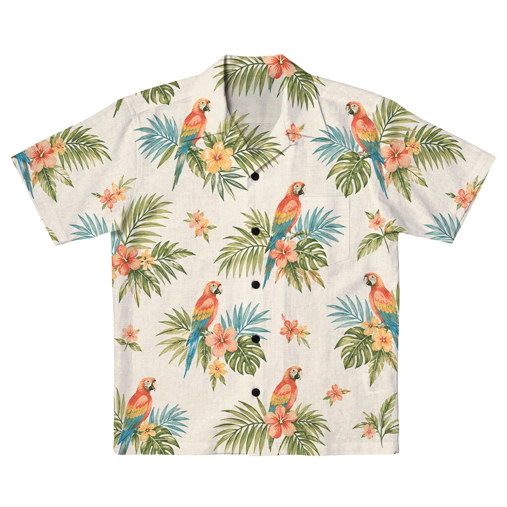 Hawaii White Palm Hibiscus Frond Camp Shirt