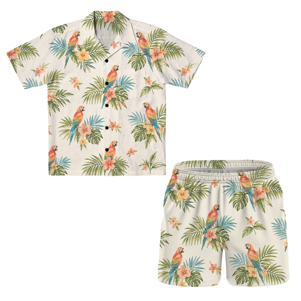 Hawaii White Palm Hibiscus Frond Camp Shirt