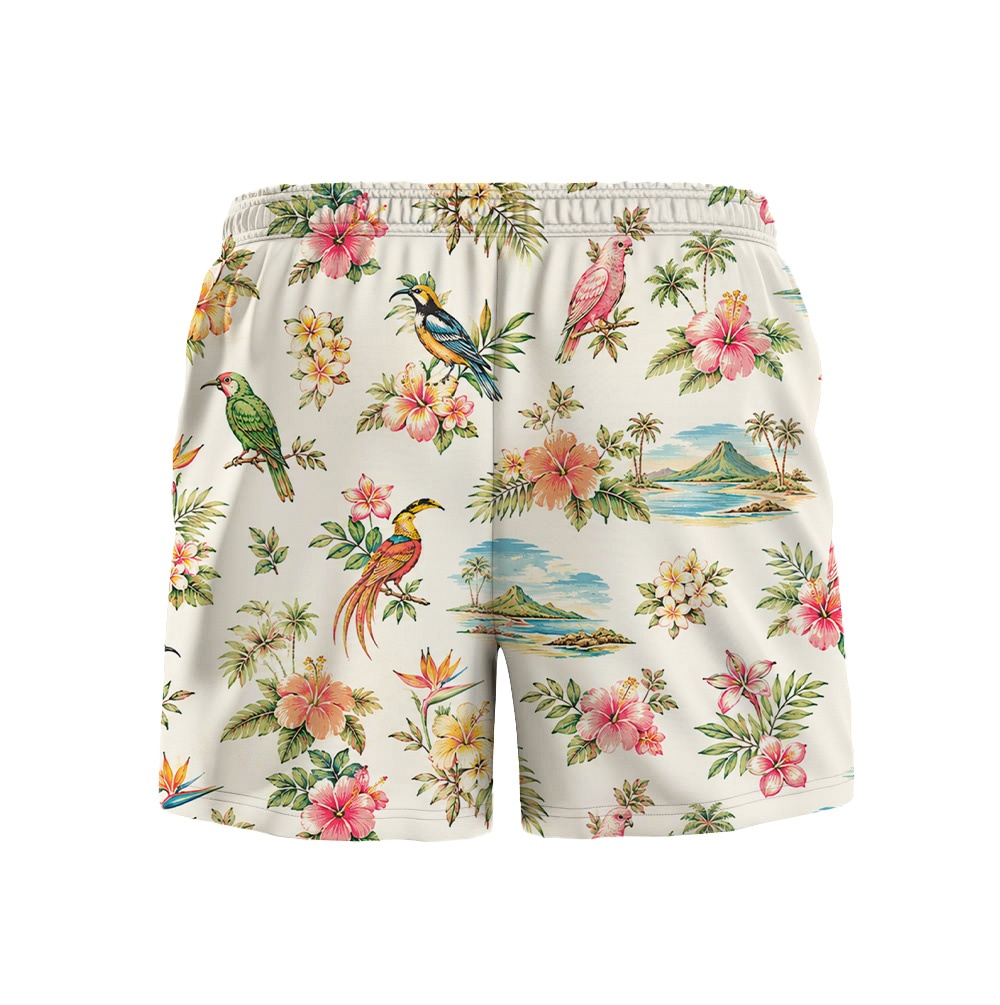 Hawaii White Parrot Palm Hibiscus Drawstring Shorts