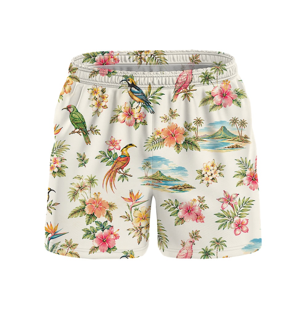 Hawaii White Parrot Palm Hibiscus Drawstring Shorts