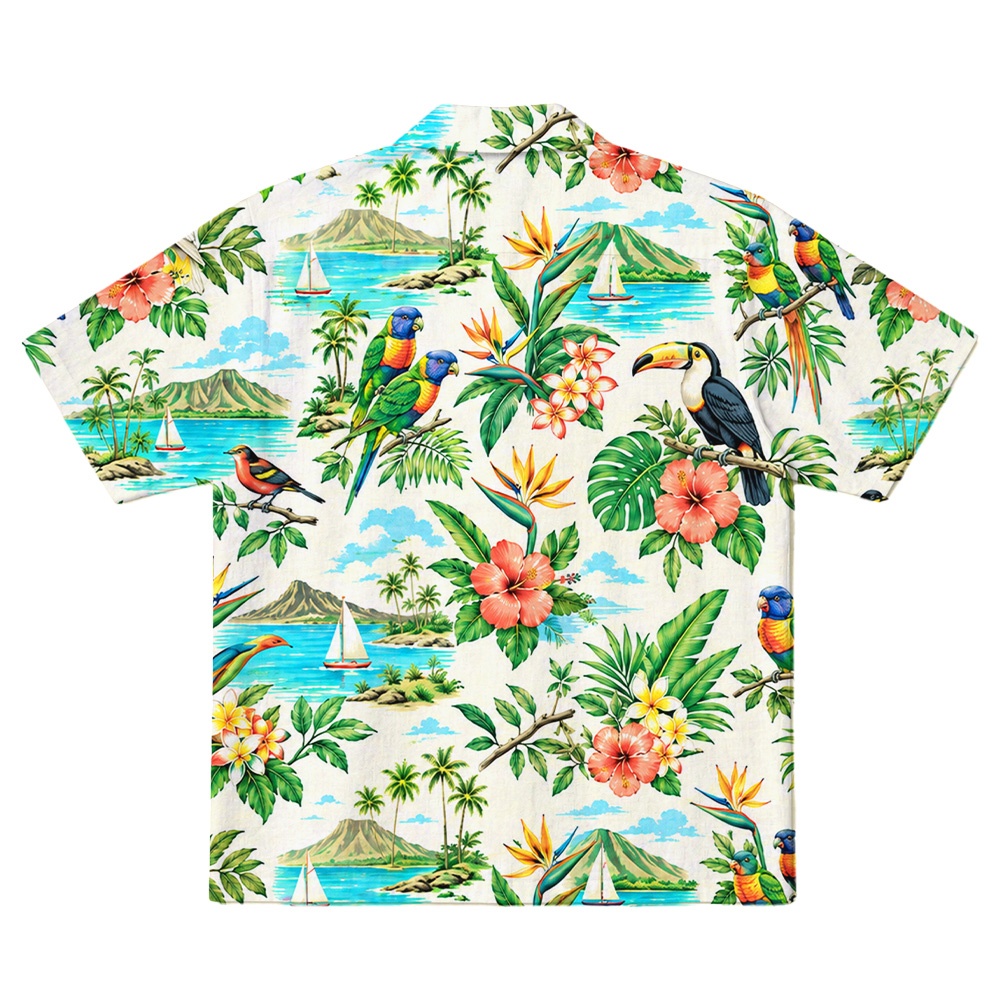 Hawaii White Parrot Tropical Palm Camp Shirt