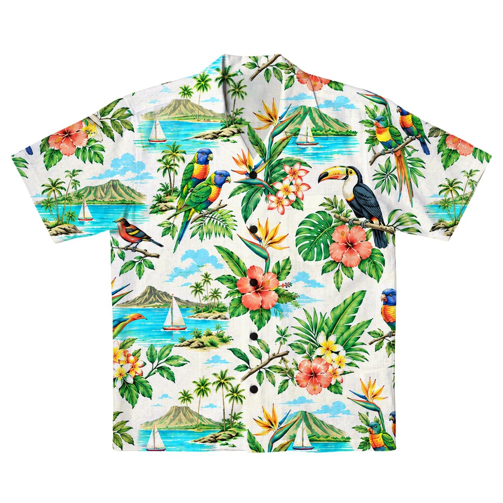 Hawaii White Parrot Tropical Palm Camp Shirt