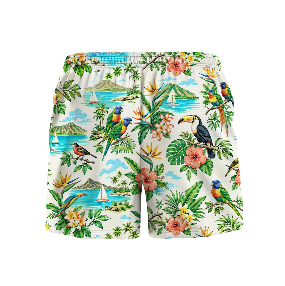 Hawaii White Parrot Tropical Palm Drawstring Shorts
