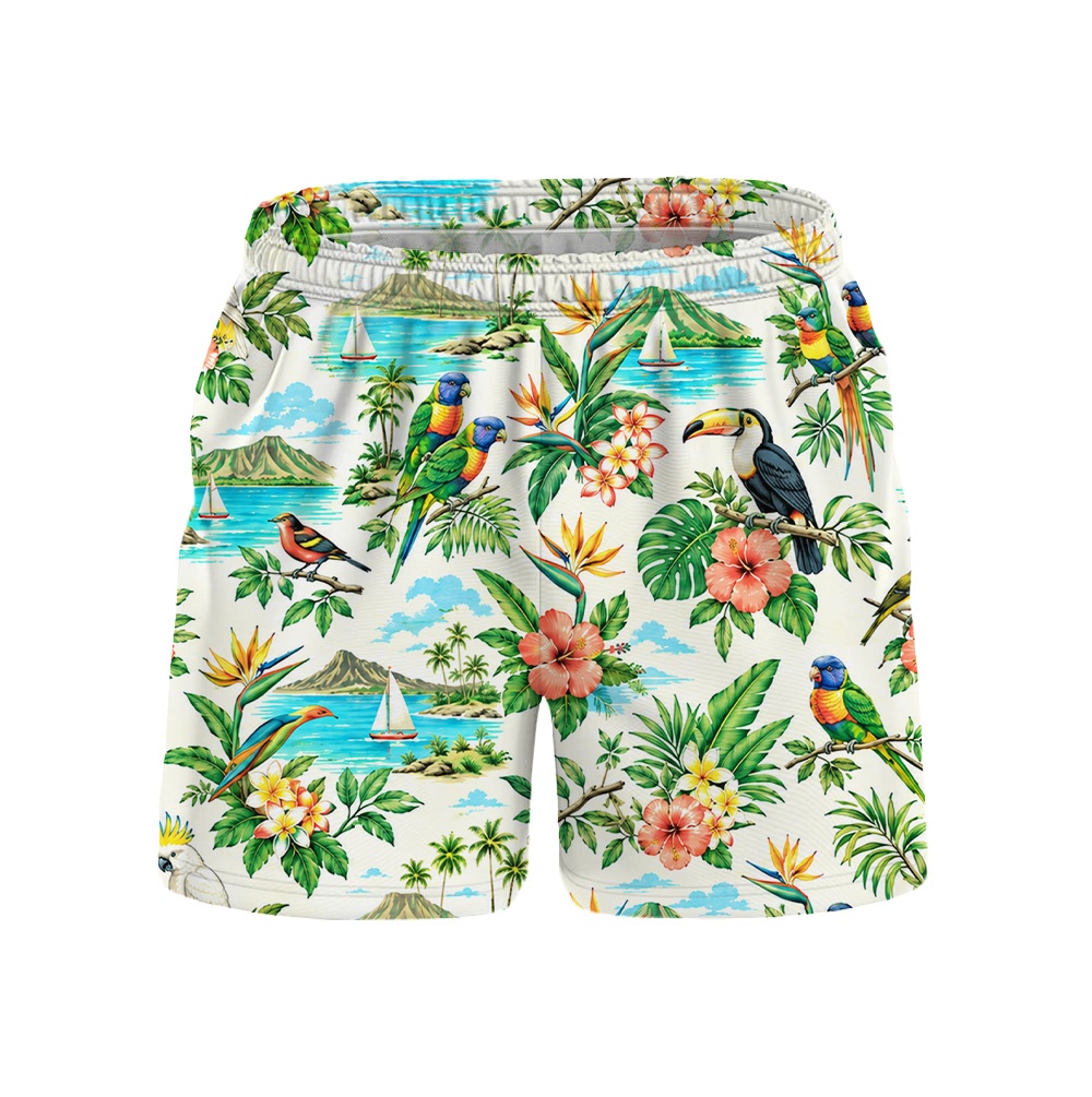 Hawaii White Parrot Tropical Palm Drawstring Shorts