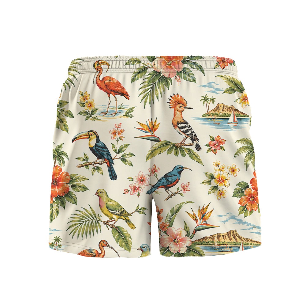 Hawaii White Toucan Floral Palm Drawstring Shorts