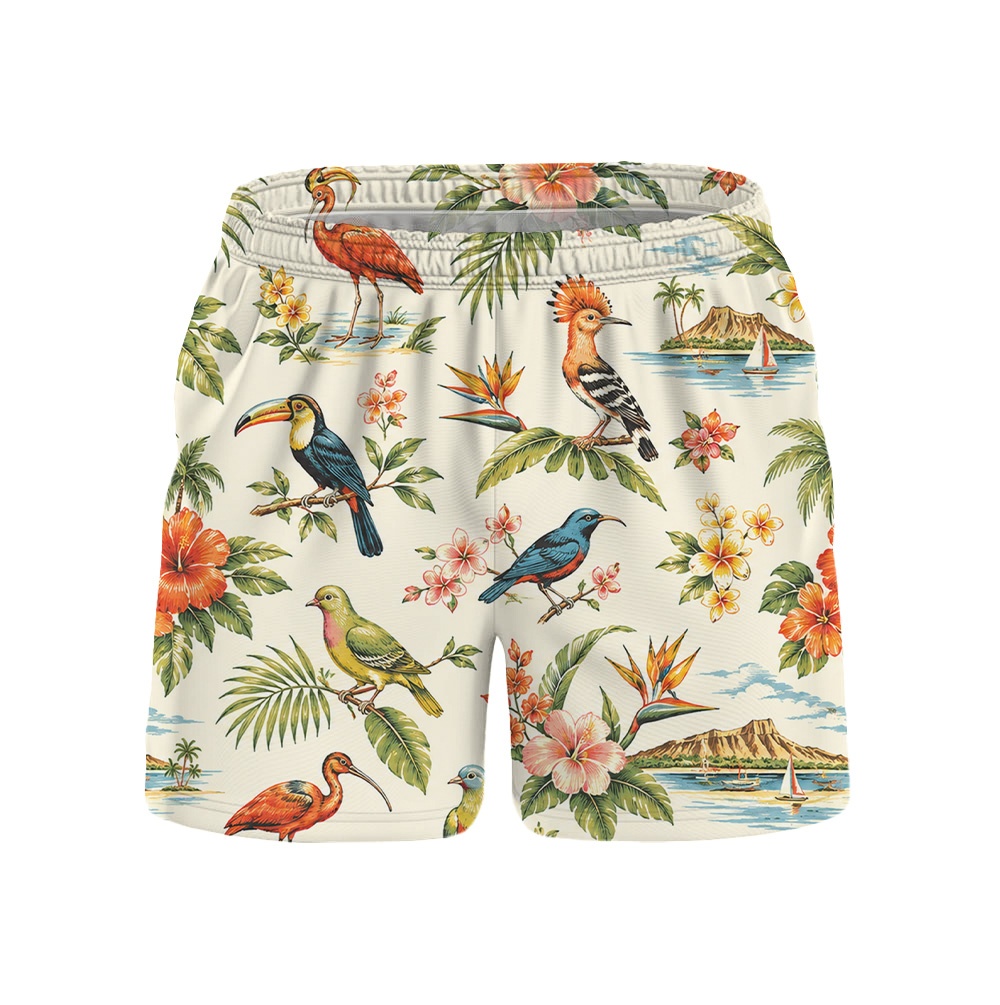 Hawaii White Toucan Floral Palm Drawstring Shorts