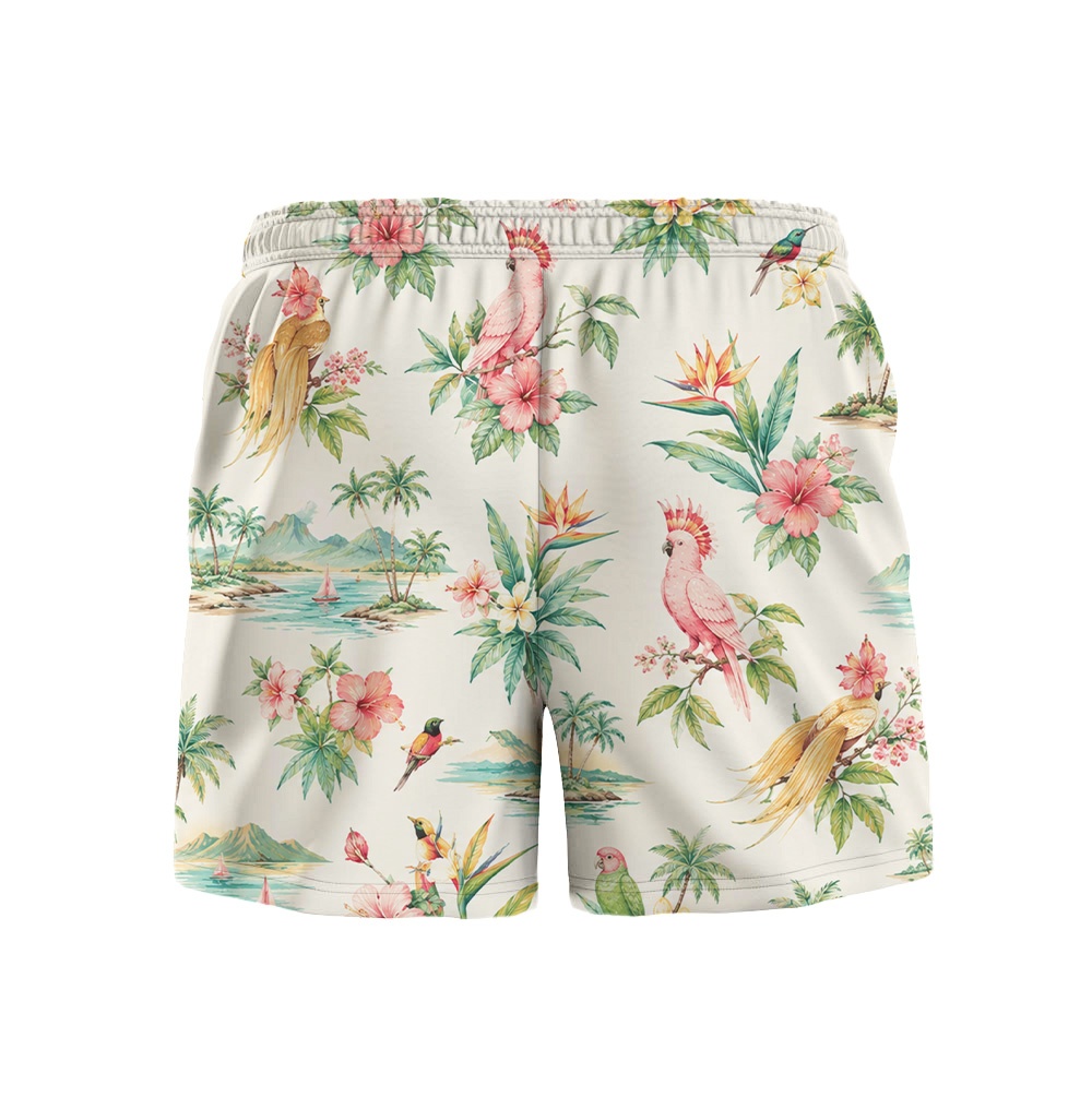 Hawaii White Toucan Island Palm Drawstring Shorts