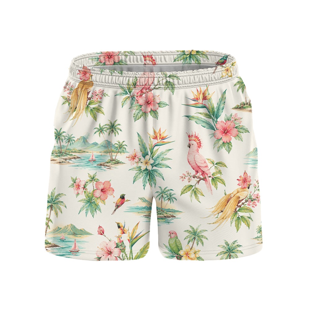 Hawaii White Toucan Island Palm Drawstring Shorts