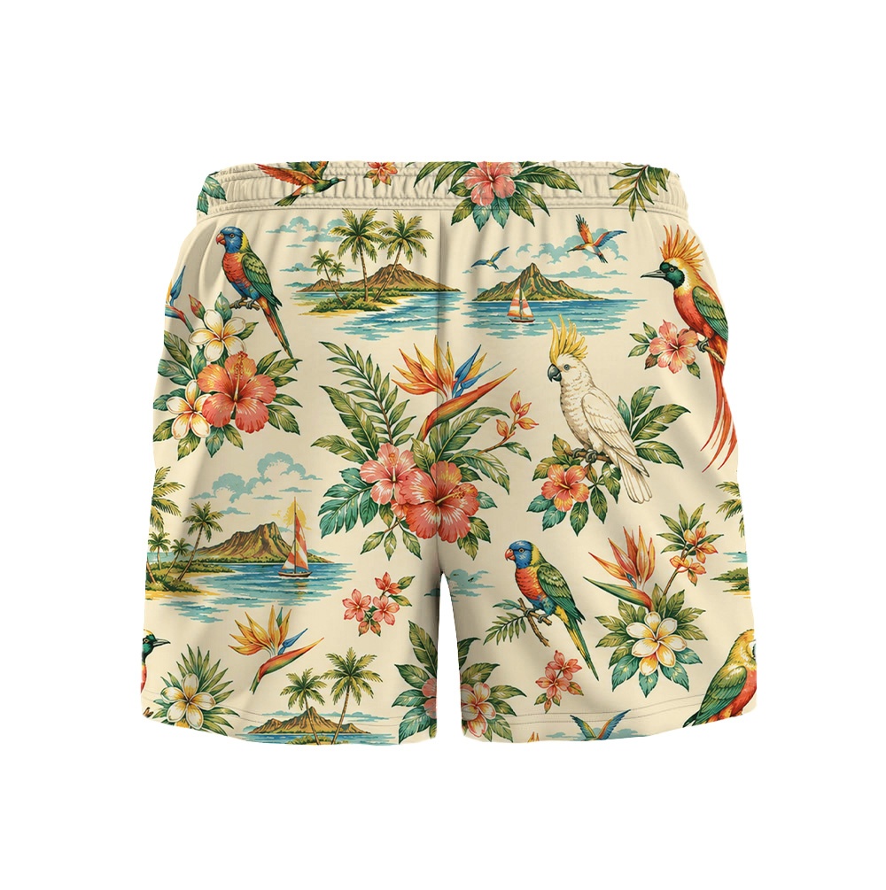 Hawaii White Toucan Palm Hibiscus Drawstring Shorts
