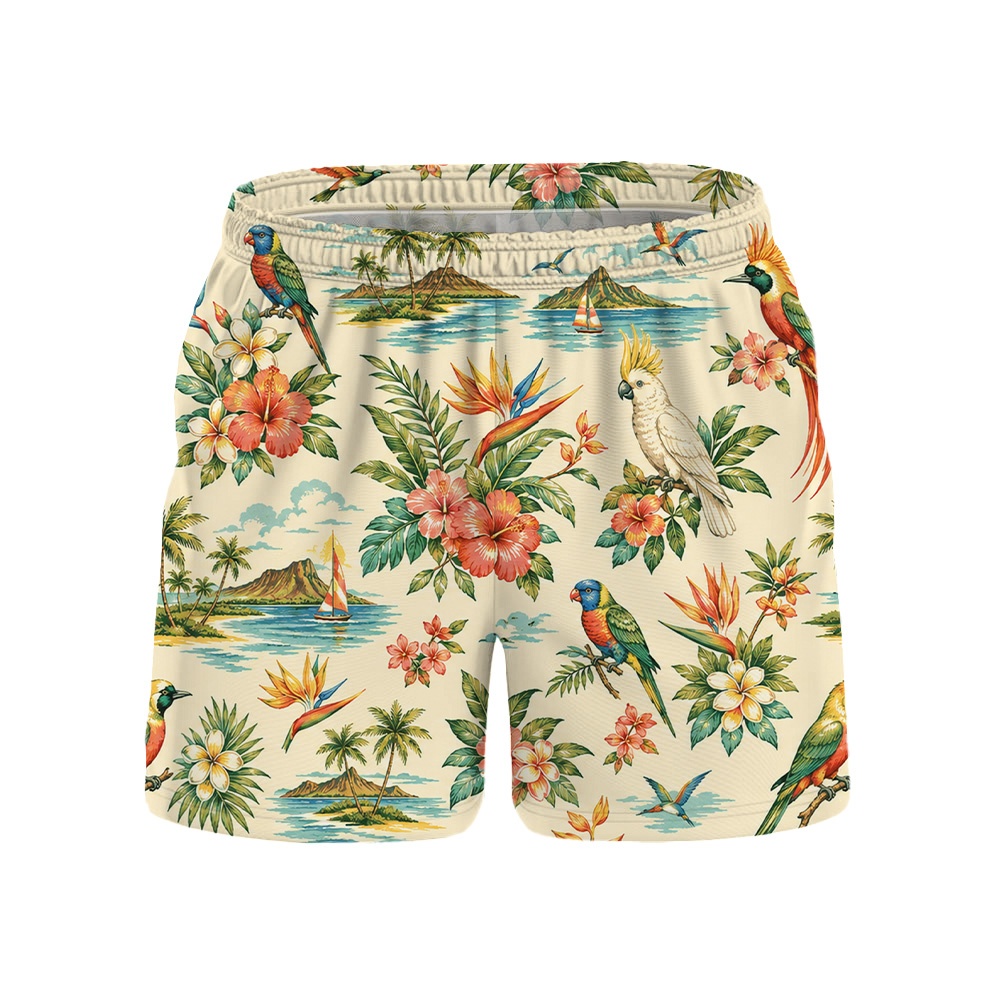 Hawaii White Toucan Palm Hibiscus Drawstring Shorts