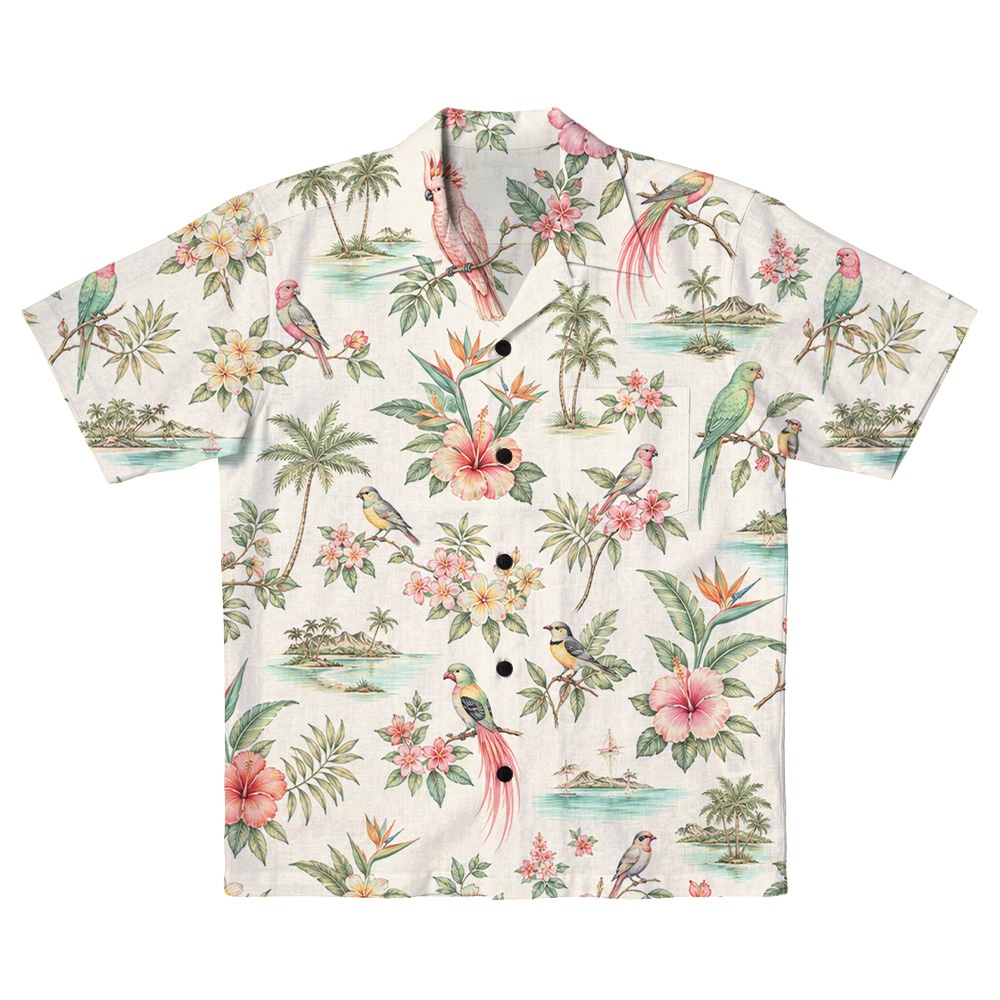Hawaii White Toucan Palm Leaf Camp Shirt