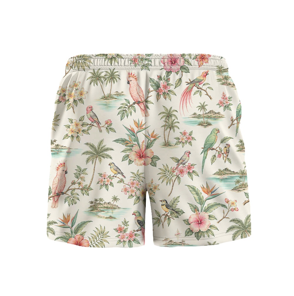 Hawaii White Toucan Palm Leaf Drawstring Shorts