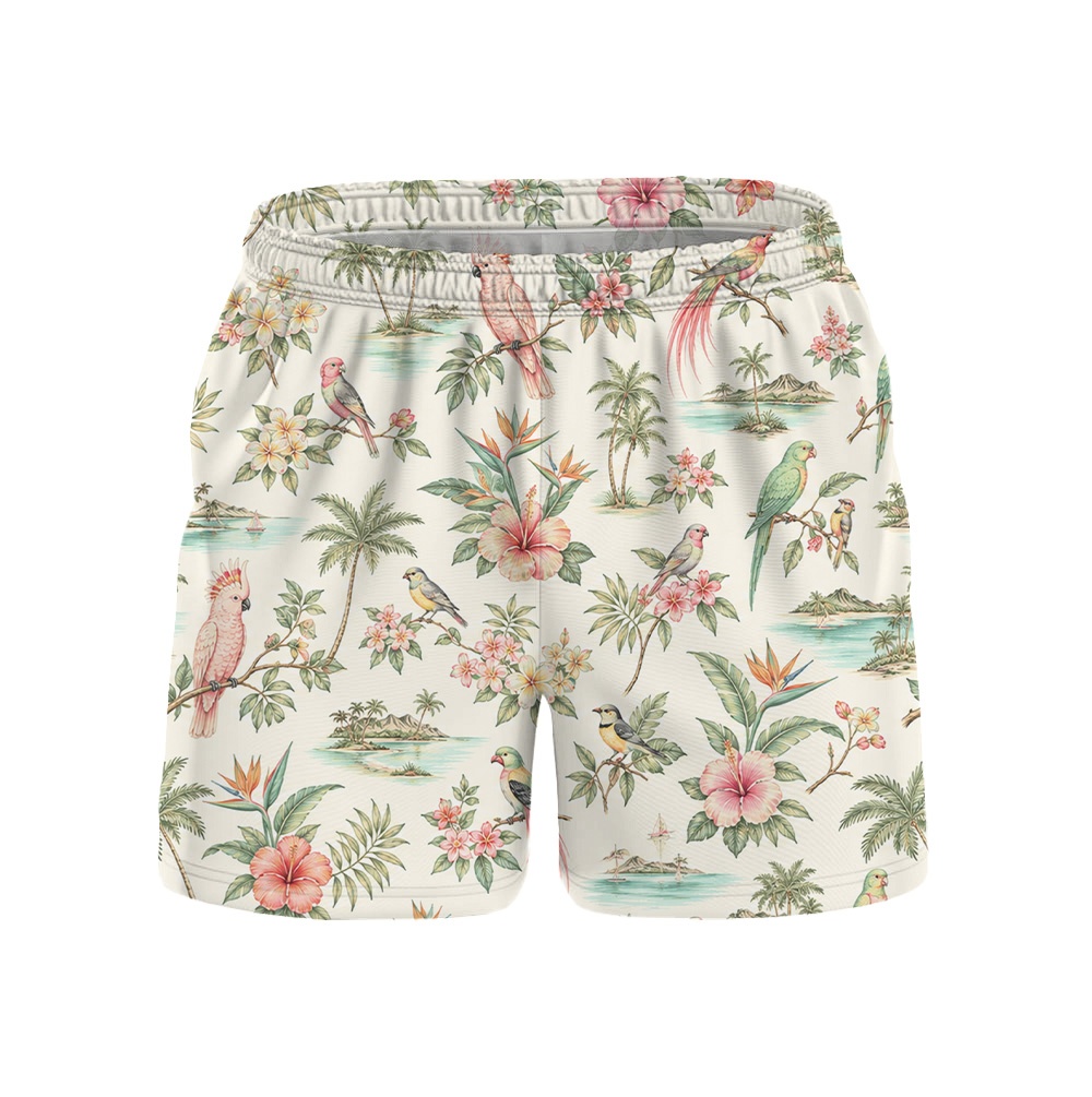 Hawaii White Toucan Palm Leaf Drawstring Shorts