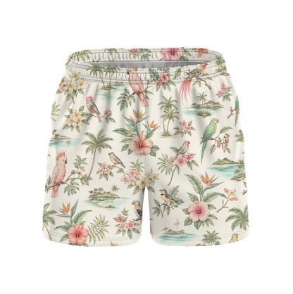 Hawaii White Toucan Palm Leaf Drawstring Shorts