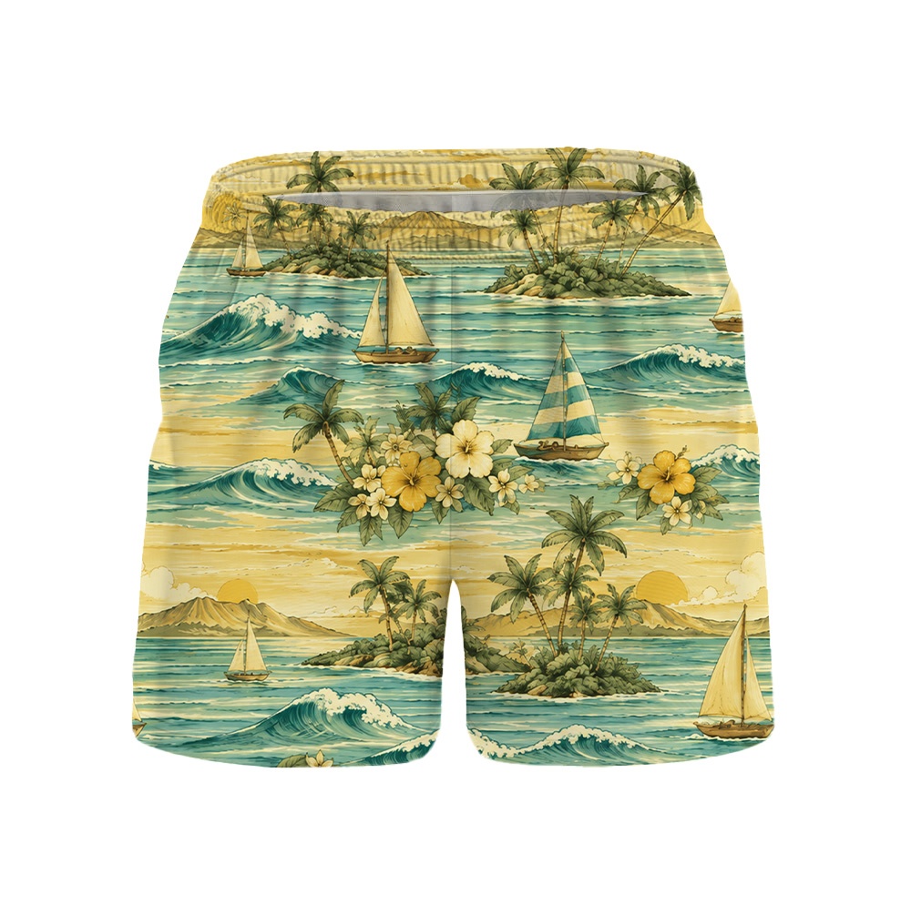 Hawaii Yellow Island Lagoon Sailboat Drawstring Shorts