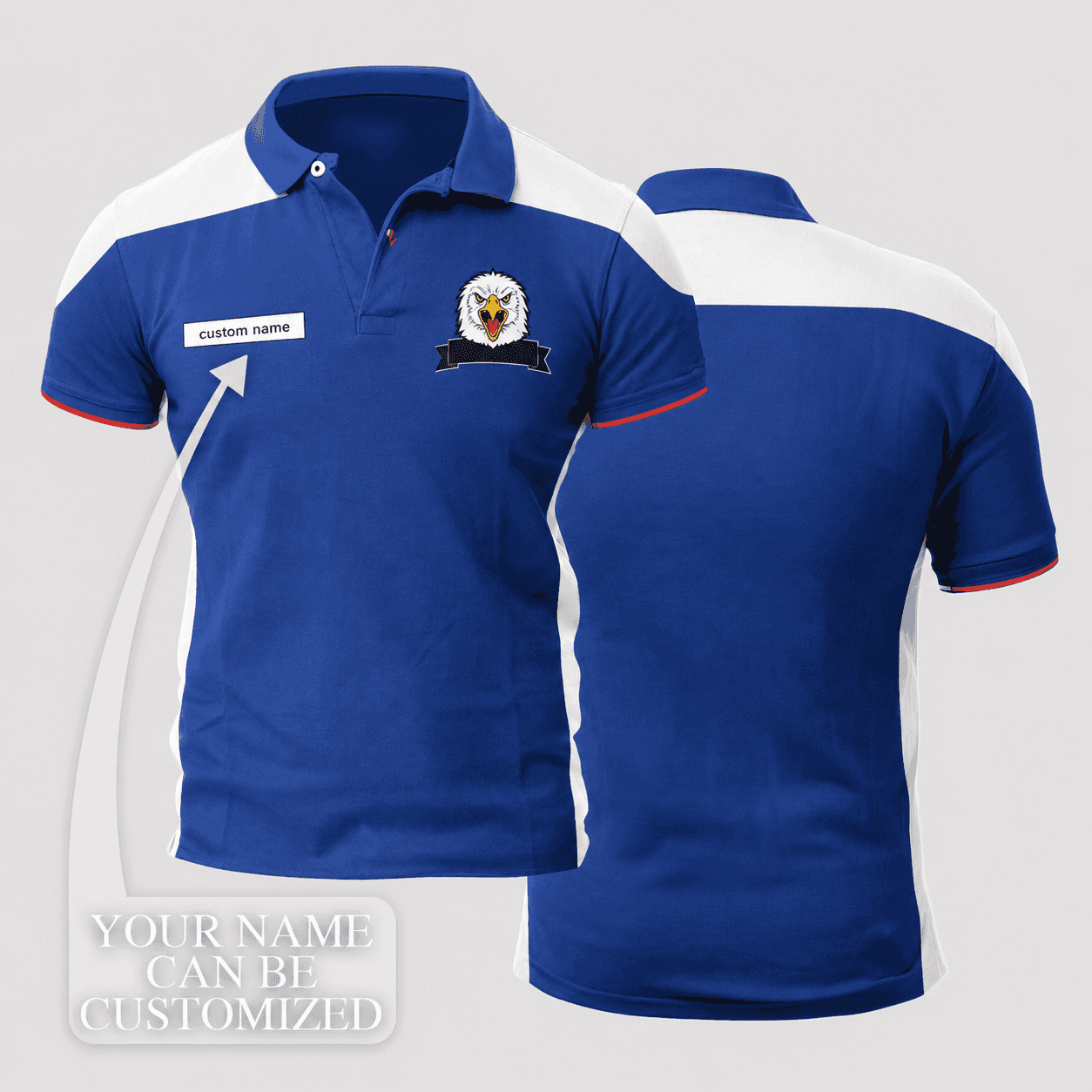 Mitch Custom Name Blue White Red Eagle Crest Polo Shirt