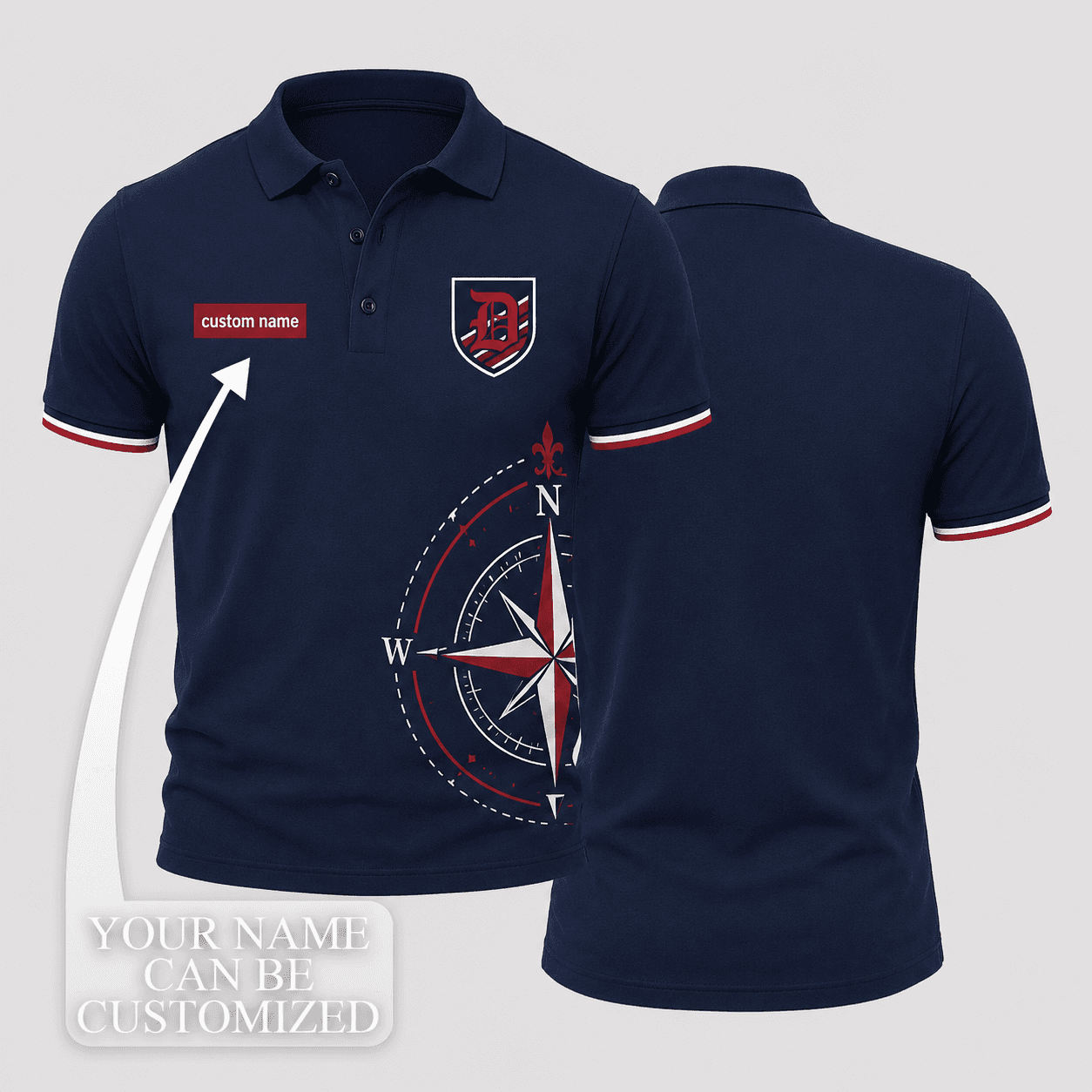 Nick Custom Name Navy Red White D Shield Compass Rose Polo Shirt