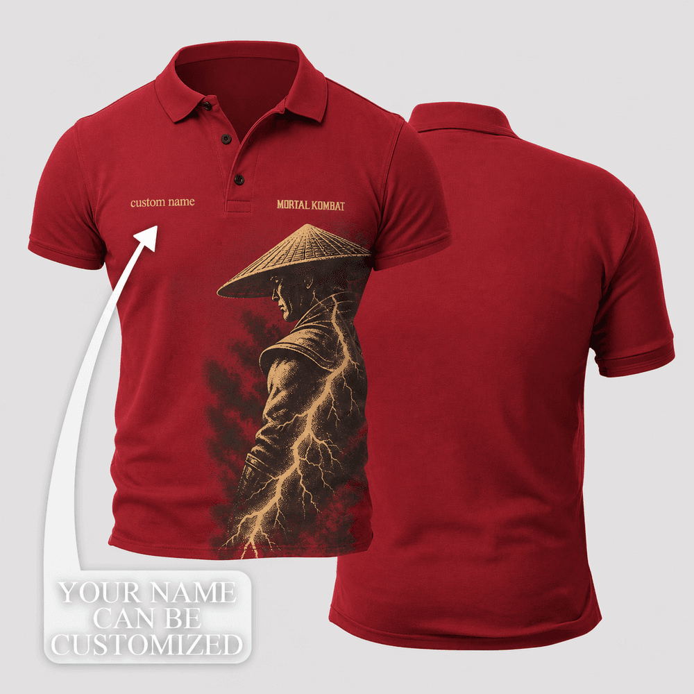 Raiden Crimson Red Pale Gold Thunder Fighter Polo Shirt