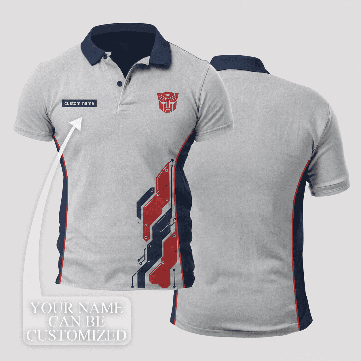 Ratchet Custom Name Silver Gray Navy Red Mechanical Connector Panel Training Polo Shirt