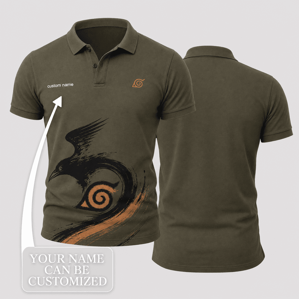 Sai Olive Brown Ink Bird Scroll Polo Shirt