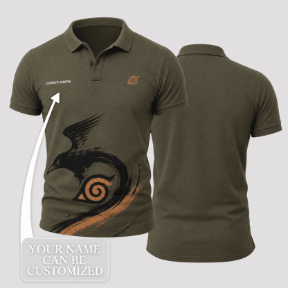Sai Olive Brown Ink Bird Scroll Polo Shirt