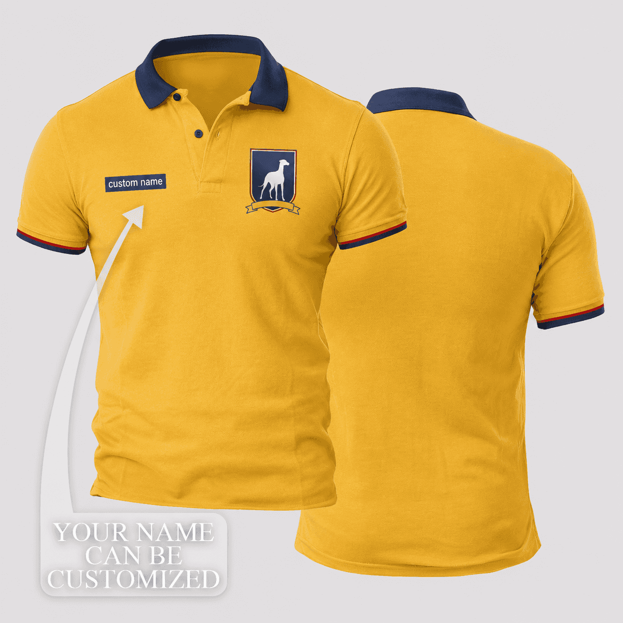 Sam Obisanya Custom Name Gold Navy Red Greyhound Shield Cuff Stripe Polo Shirt