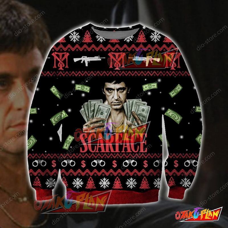 Scarface Knitting Pattern 3D Print Ugly Christmas Sweatshirt-otakuplan