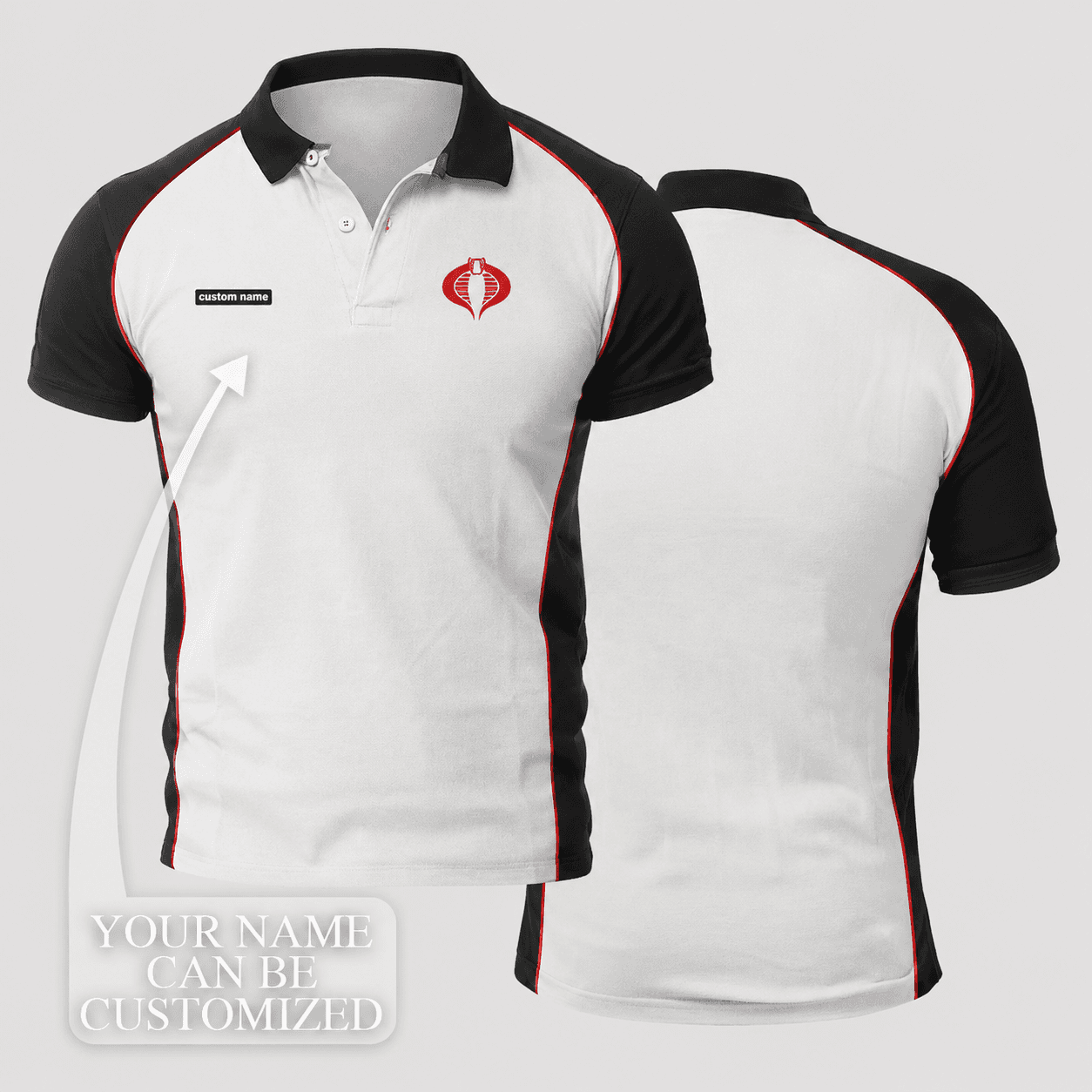Storm Shadow Custom Name White Black Red Hooded Snake Badge Athletic Panel Polo Shirt