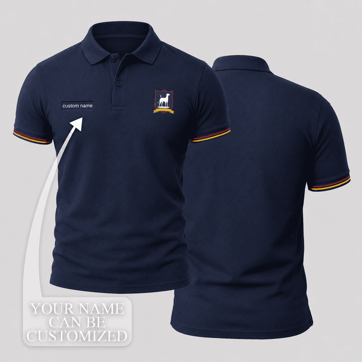 Ted Lasso Custom Name Navy Red Gold Greyhound Shield Cuff Stripe Polo Shirt